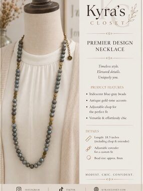 Premier Designs Blue Gray Beaded Necklace Gold Tone Accents 18.5”
